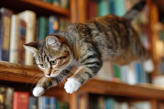 A playful cat leaps off a bookshelf in a cozy library filled with colorful books - Powered by Adobe
