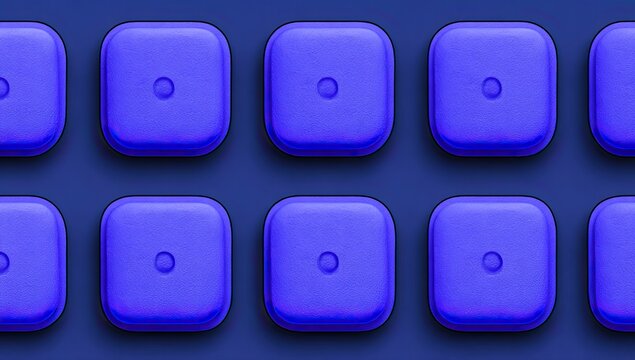 Indigo-hued, square, textured objects, arranged in a grid