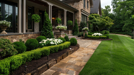 Obraz premium Beautifully landscaped garden featuring manicured hedges, blooming flowers, and stone pathways, creating serene outdoor space that enhances elegance of home
