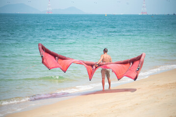 a man on a beach with a kite