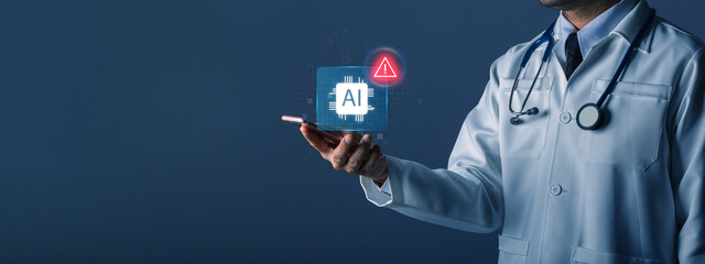 Artificial intelligence notification in healthcare, medical warning technology, and digital safety concepts. Doctor holding smartphone with holographic AI chip icon and warning alert.