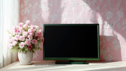 A flat-screen TV sits on a light wooden surface next to a white vase of pink flowers against a pale pink floral wallpaper. Sunlight streams through a nearby window