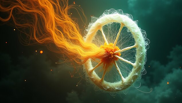An artistic representation of a charkha spinning wheel made from intertwined threads of saffron, white, and green light, floating in a dark abstract void.
