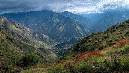 Fototapeta premium Mountain Valley Village Panorama Hiking Trail View