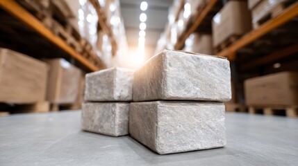 Stacked gray stone blocks in a warehouse with blurred shelves and boxes in the background