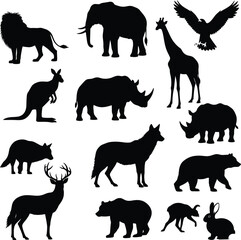 Collection of wild and domestic animal silhouettes, including dog, horse, elephant, lion, and giraffe vectors