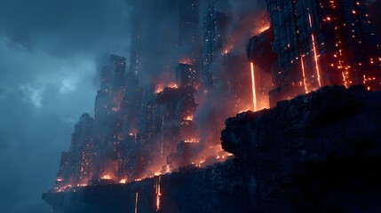 Fototapeta premium Fiery lava flows down a steep mountainous volcano at night
