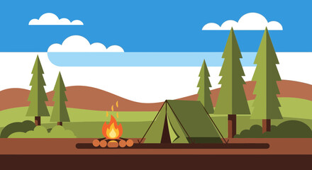 Camping Adventure In Wilderness With Tent And Campfire Near Evergreen Trees