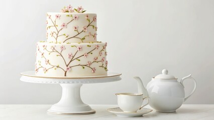 Elegant twotier white cake decorated with delicate pink floral branches, served with tea