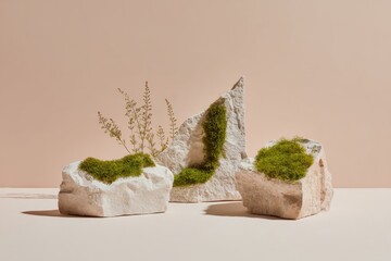 Natural Stone Podium with Moss and Dried Plants on Beige Background