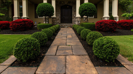 Obraz premium Beautifully landscaped pathway leads to charming entrance, framed by neatly trimmed bushes and vibrant flower beds, creating inviting atmosphere