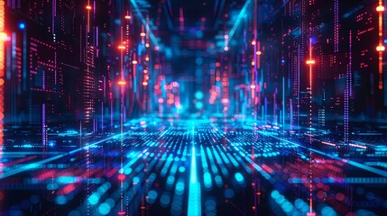 Fototapeta premium Futuristic Digital Cityscape with Neon Blue and Red Light Beams on Grid Surface
