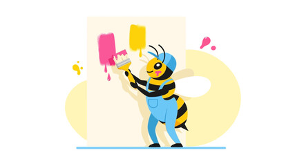Fototapeta premium Cartoon bee painter at work creating colorful wall art cheerfully painting diligently