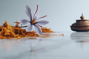 Saffron flower and threads on a light surface with a golden container