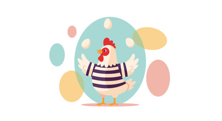 Cartoon chicken juggling eggs in a playful Easter themed colorful background illustration