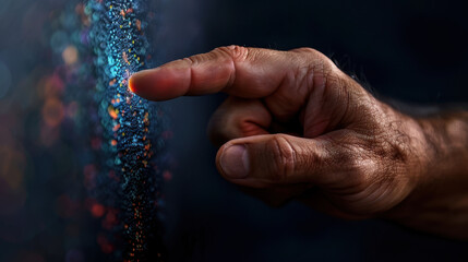 Close up of human hand reaching out to touch vibrant, colorful surface that appears to be shimmering with light. image conveys sense of curiosity and wonder, inviting exploration and interaction