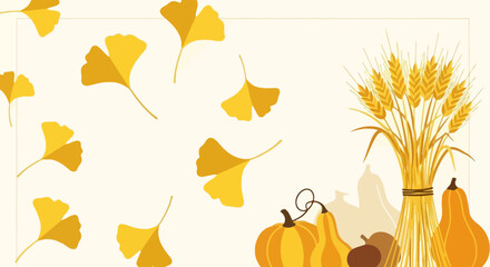 Obraz premium Autumnal Ginkgo Leaves With Harvested Wheat And Pumpkins Decoration