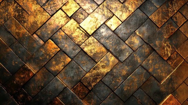 Textured wall of interlocking dark and gold tiles creating a striking visual pattern