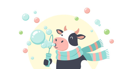 Cartoon cow with scarf blowing bubbles creating a playful atmosphere and fun design for all ages