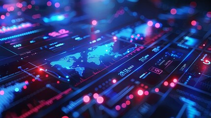 Obraz premium Futuristic Global Data Interface with World Map and Analytical Dashboards in Blue and Red