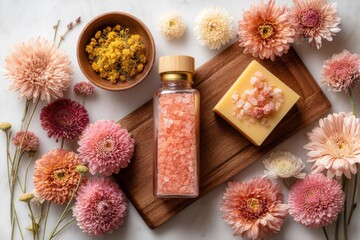 A serene arrangement of pink bath salts, handmade soap, and vibrant flowers on a wooden tray