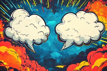 Comic book-style background with speech bubbles