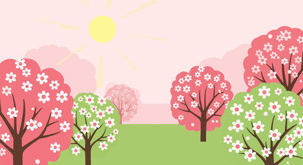 Blooming Orchard Under Soft Sunlight Cartoon Springtime Landscape Illustration