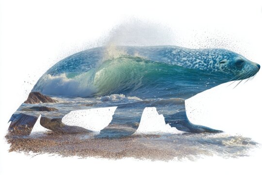 A serene coastal scene featuring a seal merging with ocean waves and sandy beach