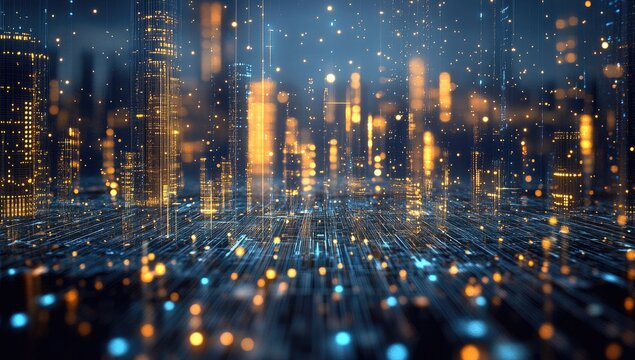 Cityscape digital interface, glowing lines, data points - Powered by Adobe