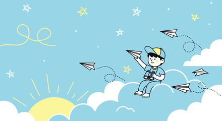 Naklejka premium Boy Imagining Journey Releasing Paper Plane Dreaming Of Adventures Cartoon