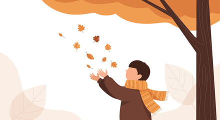 Boy joyfully catching falling autumn leaves in a charming outdoor scene illustration