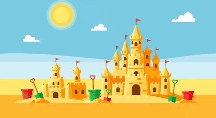 Bright Sunny Day At The Beach With Elaborate Sandcastle Constructions