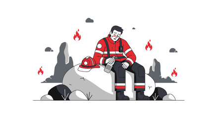 Burnout Firefighter Rests After Intense Rescue Operation In Arson Scenery