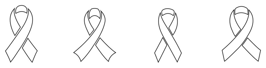 Cancer ribbons in outline style on white background. Awareness ribbons set. Breast cancer signs vector illustration. Ribbon of breast cancer. Collection of breast cancer awareness ribbon. Vector