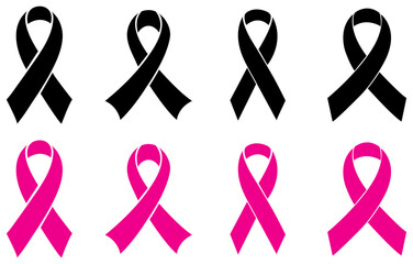 Cancer ribbon icon set on white background. The sign of cancer. Awareness ribbon signs collection. Vector illustration. Awareness ribbon icons vector design. Pink ribbon symbol of breast cancer