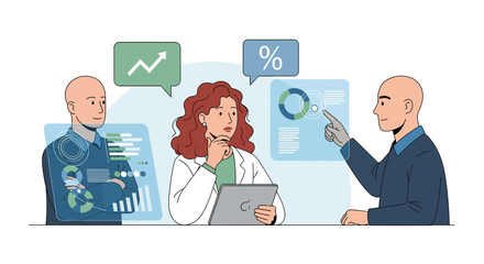 Business team working on data analysis and strategy meeting with virtual interface discussion and futuristic vision towards development