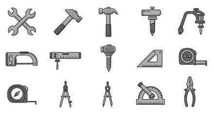 Various tools arranged in a gray monochrome illustration
