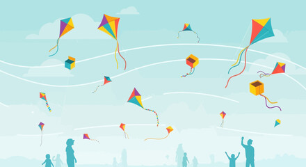 Cartoon illustration of children and adults flying colorful kites in a bright blue sky happy family enjoying outdoor activities together