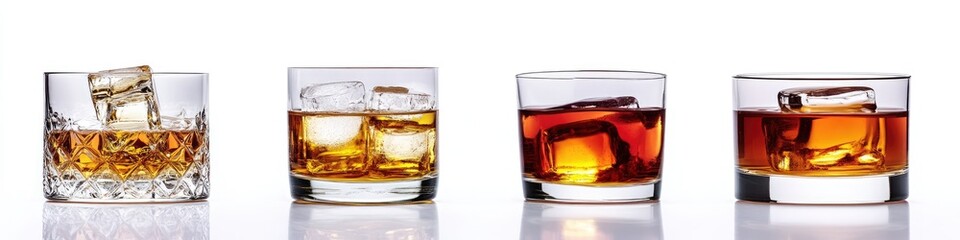 Four short glasses of amber liquor with ice