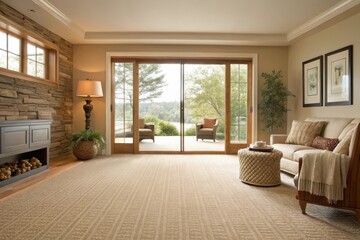 Cozy living room with modern decor, large windows showcasing a serene outdoor view