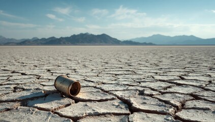 Weathered film canister rests on cracked, parched earth of a desolate playa, distant mountains under a clear sky
