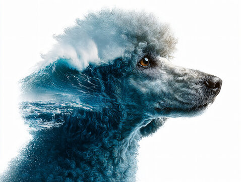 Majestic Poodle Double Exposure Photography Furry Pet Profile Over Blue Ocean Waves Artistic Cute Animal Portrait Being Surreal Reflection Visual Furry Texture  - Powered by Adobe