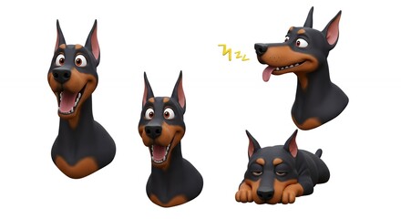 Four cartoon dog head illustrations in different poses