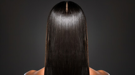 Sleek, shiny, straight hair showcases polished look against dark background, emphasizing smooth texture and healthy appearance. image captures elegance and beauty of well groomed hair