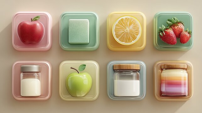 Colorful, square icons depicting various foods and drinks