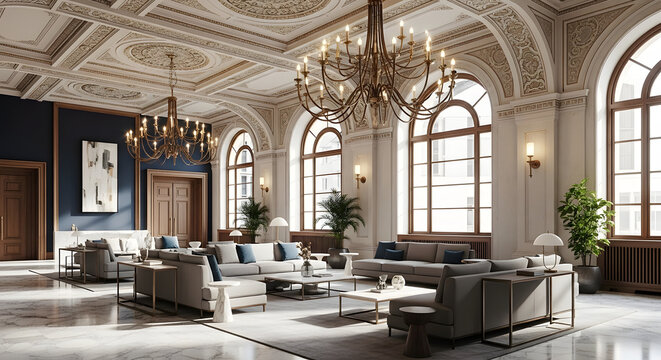 Elegant hotel lobby with classic architecture ornate ceilings large arched windows and modern furniture.