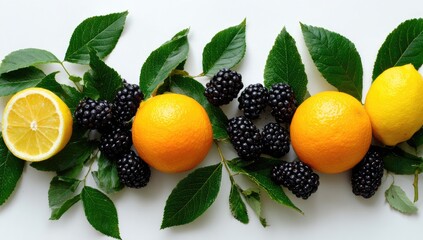 A vibrant flatlay showcasing halved lemons, whole oranges, and clusters of blackberries interspersed with green leaves on a white background