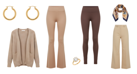 LIFESTYLE - Beige and brown casual women's clothing set with knit cardigan, flared pants, scarf, hoop earrings, and ring accessories