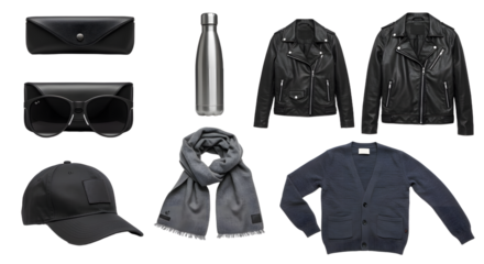 LIFESTYLE - Black leather jackets, sunglasses, scarf, navy cardigan, cap, stainless steel bottle, and black clutch handbag flat lay on white background