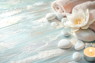 Rolled white towels with a white flower, river stones and lit candles, creating a relaxing, spa-like atmosphere.